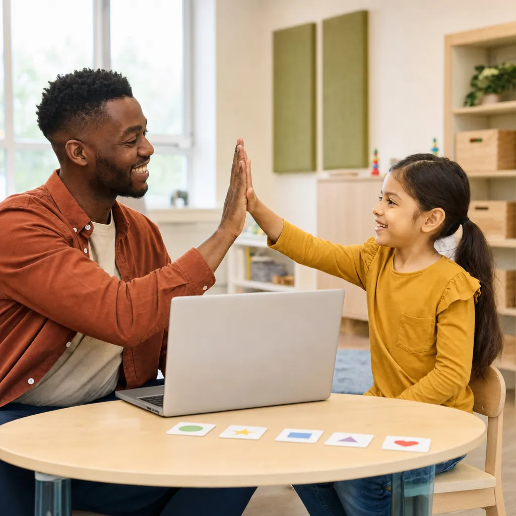 Therapist and a child high-fiving across a table with a laptop and picture cards