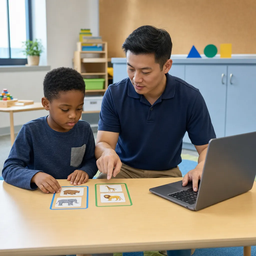 Therapist pointing at picture cards beside a child, one hand resting on a laptop