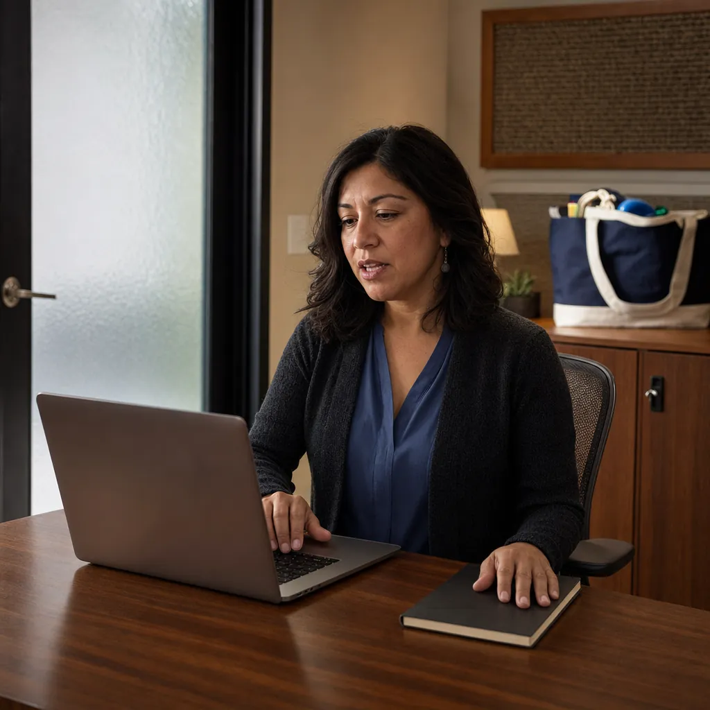 Therapist speaking while working at a laptop in a private office
