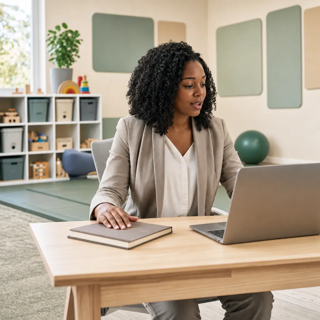 Therapist speaking at a laptop in a therapy room lined with toy shelves