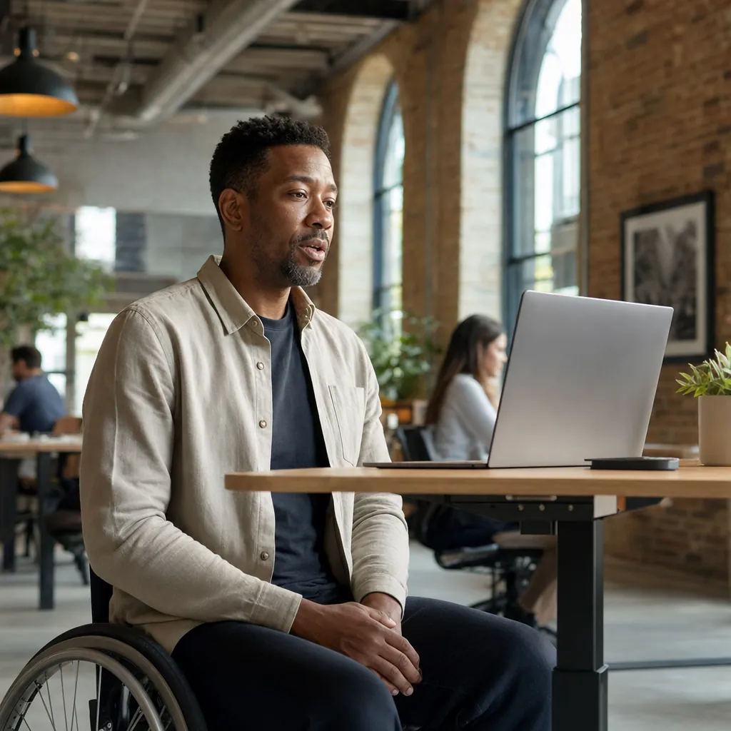 A man seated in a wheelchair speaks with his hands resting in his lap at a standing desk in an open brick-walled office