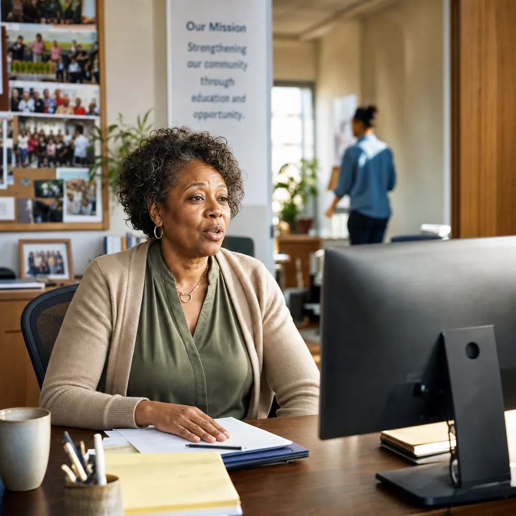 A woman speaks at a desktop monitor in a community office, one hand resting on a stack of printed papers