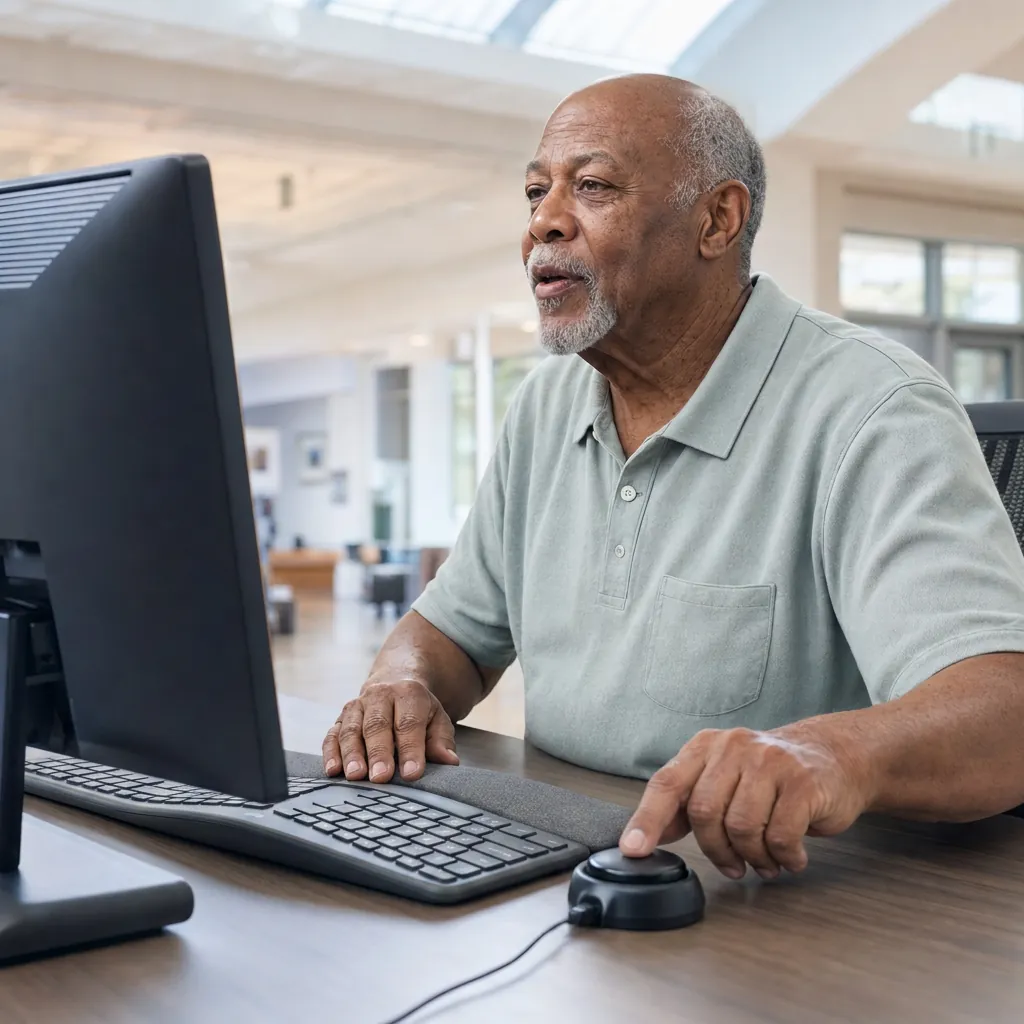 Older man in a green polo shirt speaking at a desktop monitor, one hand resting on a large round desk button, in a bright open-plan office