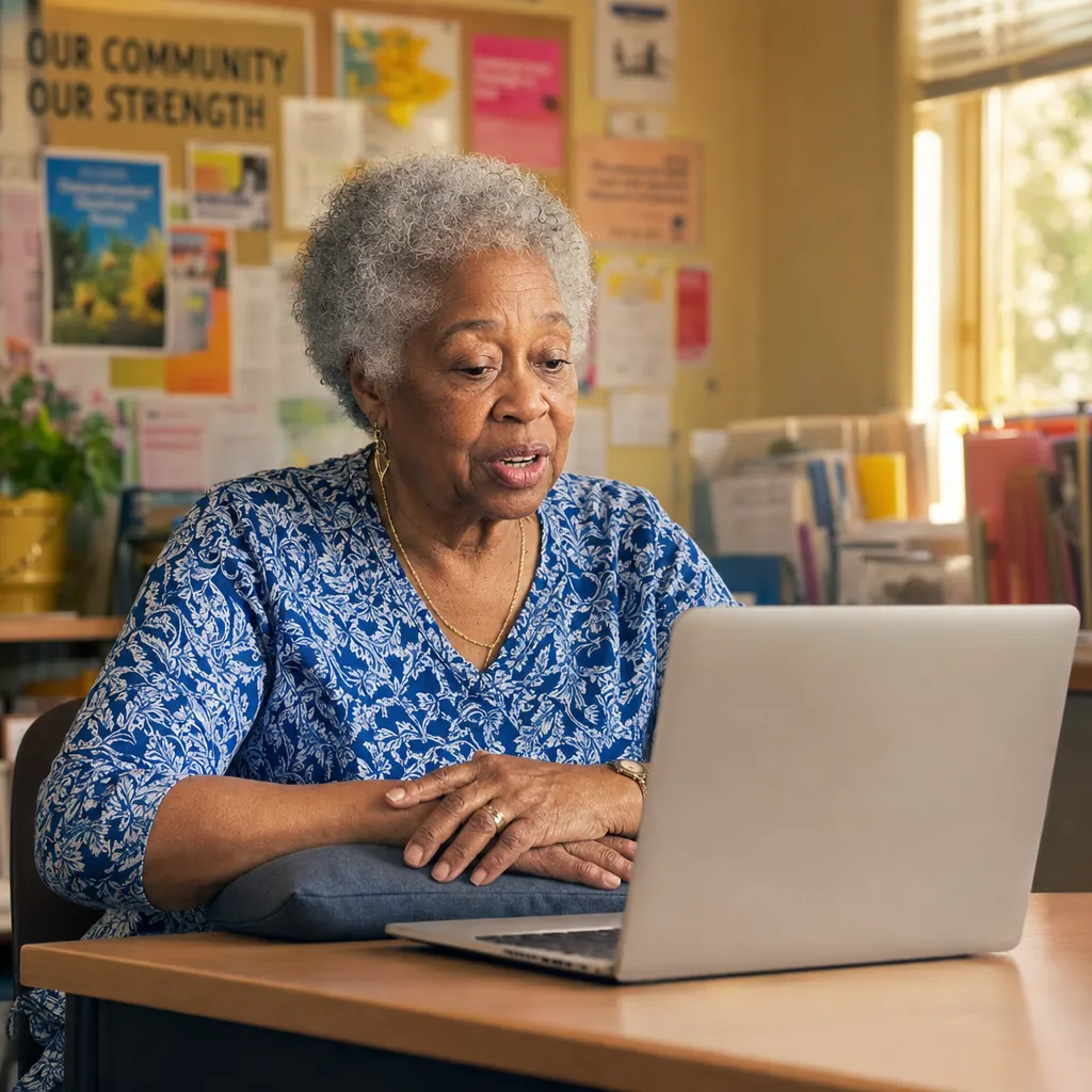 Older woman in a blue patterned blouse speaking at an open laptop, forearms resting on a cushion, at a community centre table
