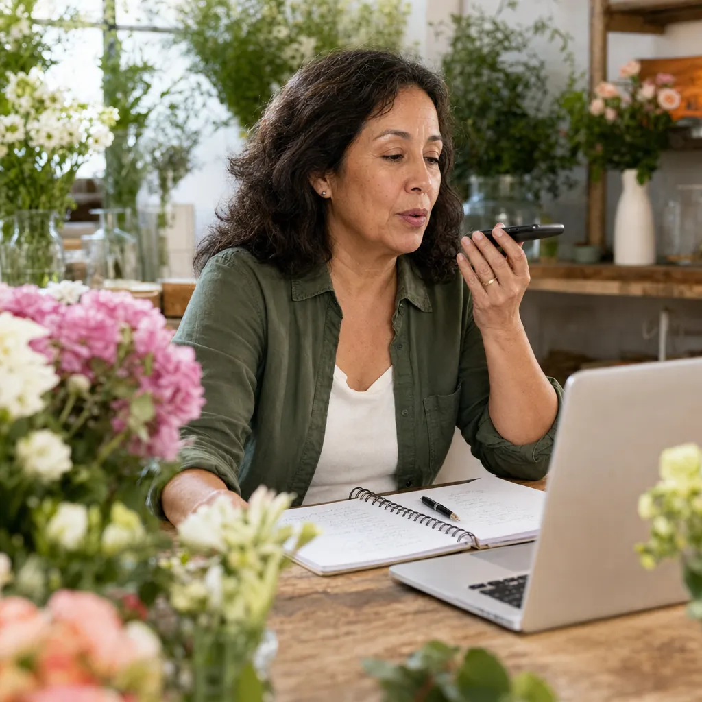 Woman in a green shirt speaking into a phone held near her mouth, laptop and open notebook on a wooden table in a flower shop