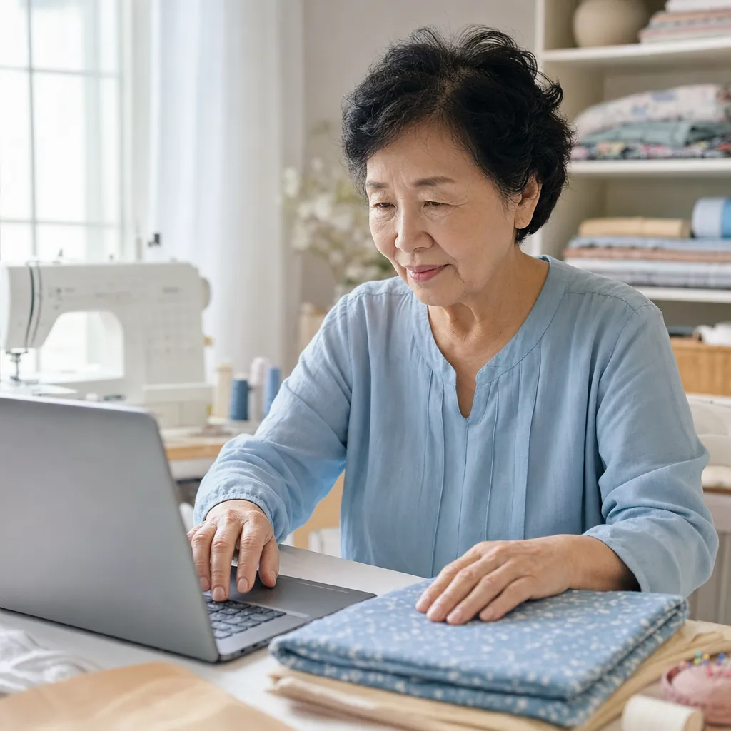 Woman in a light blue top speaking at a laptop, one hand on folded fabric beside a sewing machine in a sunlit sewing room