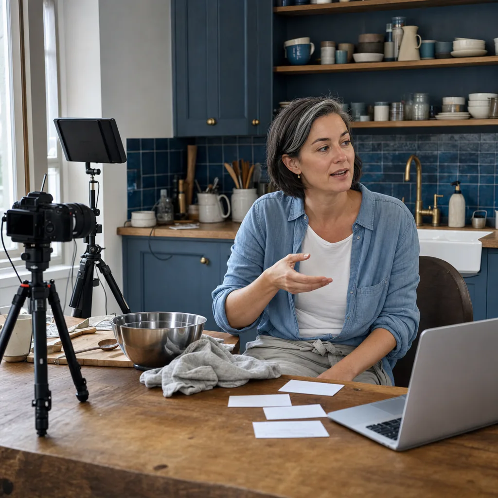 A person speaks beside a camera and laptop at a kitchen table