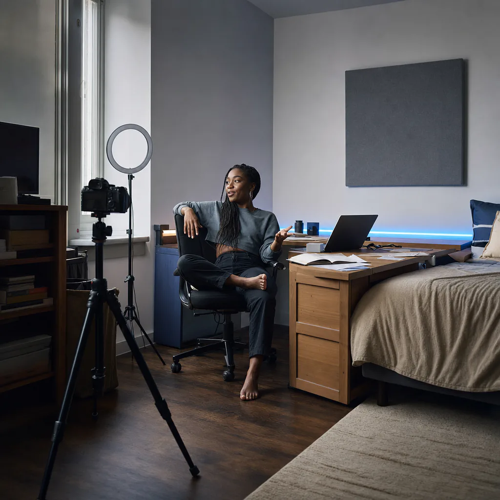 A person speaks to a camera in a home studio with a ring light and laptop nearby