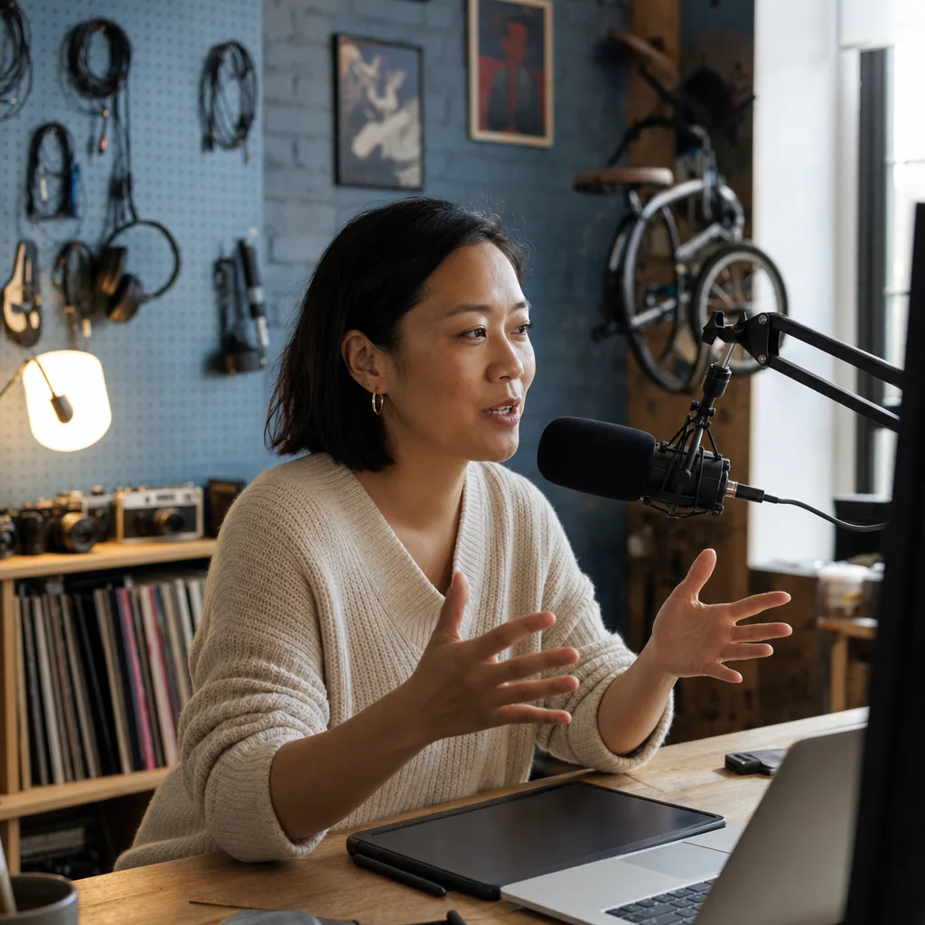 A person speaks into a microphone at a desk with a laptop and camera gear nearby