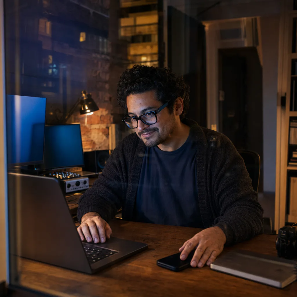 A person works at a laptop in a home editing setup with audio equipment nearby
