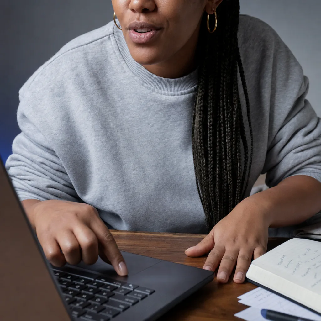 A person speaks while using a laptop beside handwritten notes