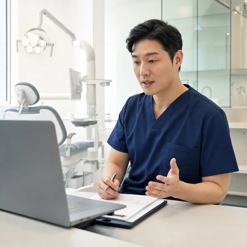 A dentist in navy scrubs sits at a laptop, speaking while holding a pen over a paper chart in an empty treatment room.