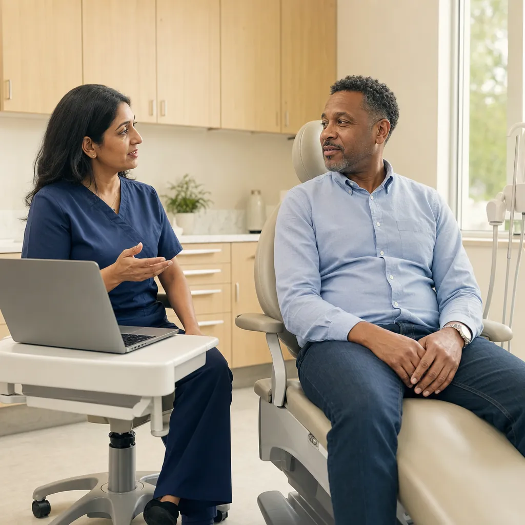 A dentist on a stool beside a laptop talks with a patient sitting upright in the dental chair.