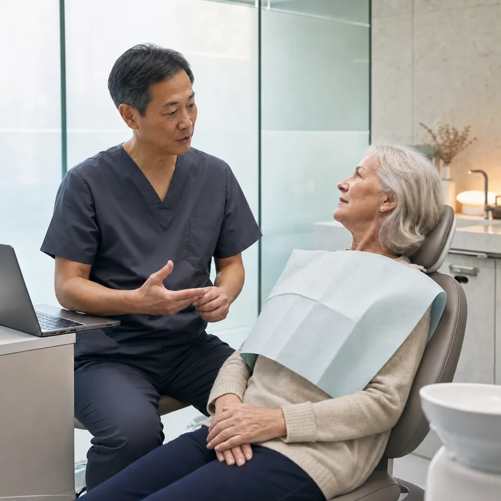 A dentist at a laptop talks with an older patient reclined in the chair wearing a dental bib.