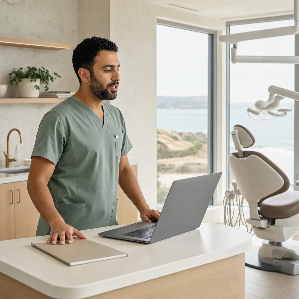 A dentist in green scrubs stands at a counter, speaking while working at a laptop in a treatment room overlooking the sea.