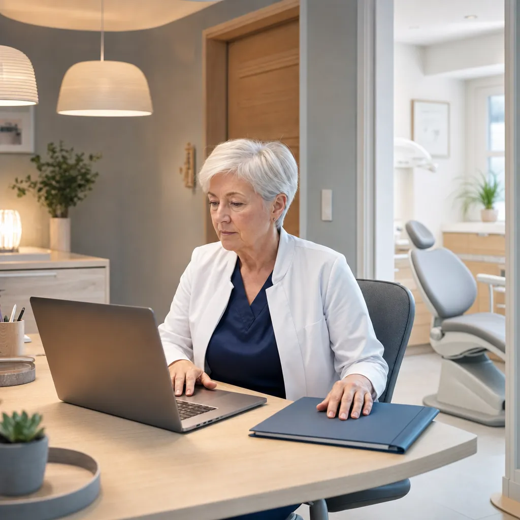 A dentist in a white coat works at a laptop at her office desk, a folder beside her and the treatment room visible behind.