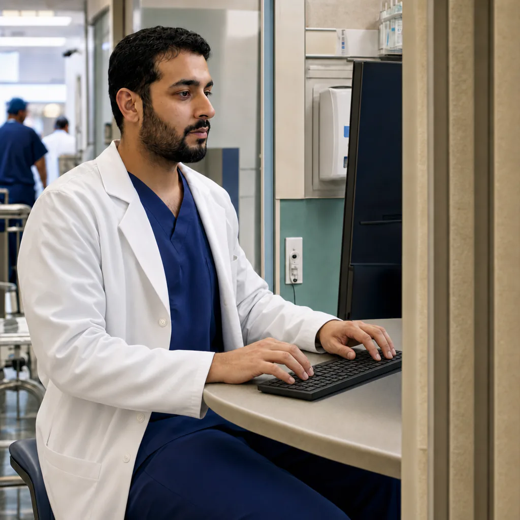 Doctor typing at a clinical workstation