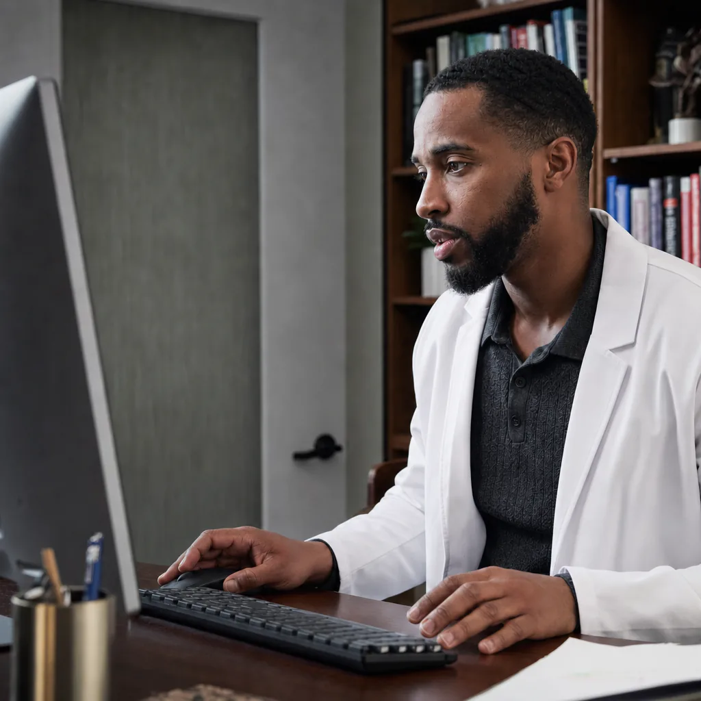 Doctor using a desktop computer in an office
