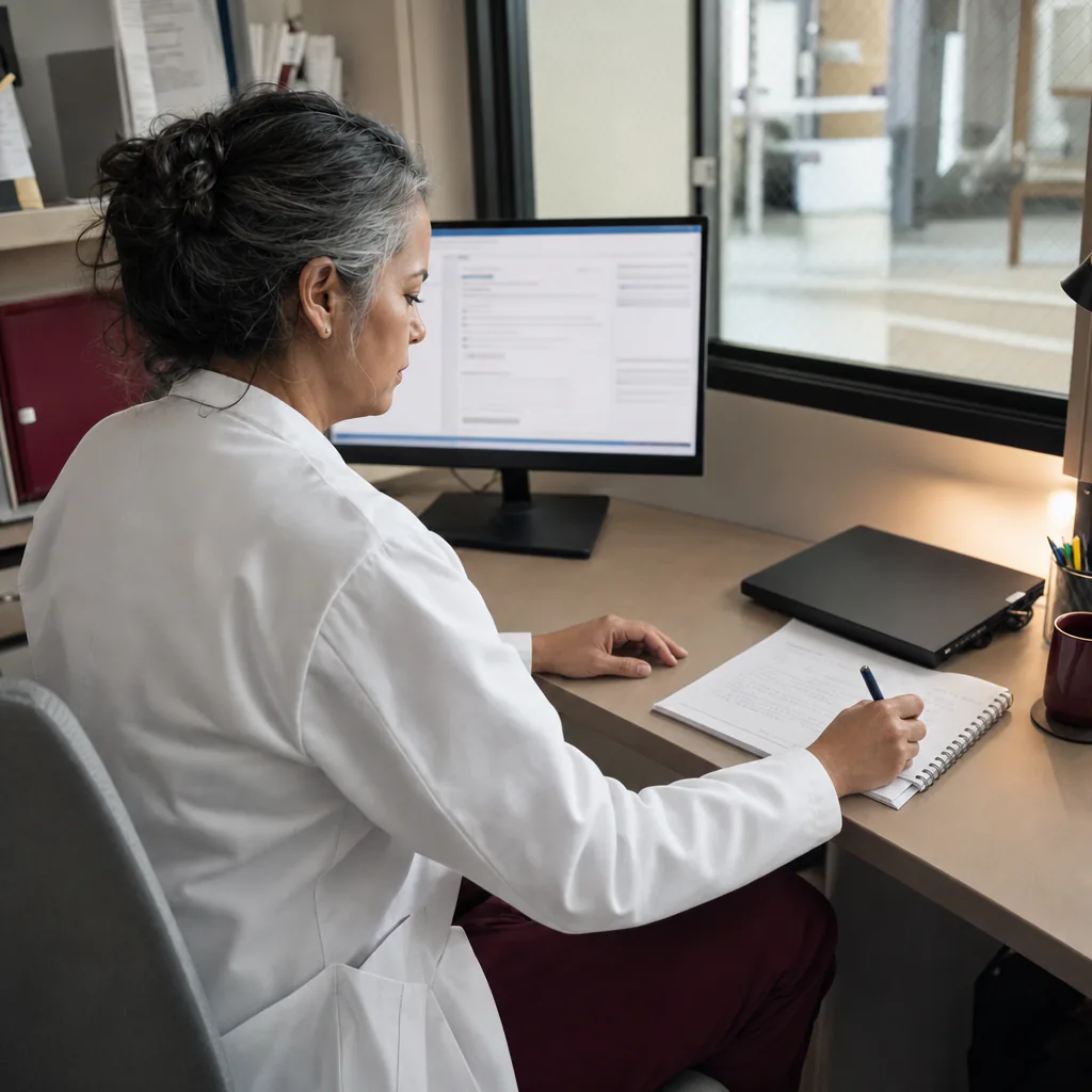 Doctor writing in a notebook beside a computer