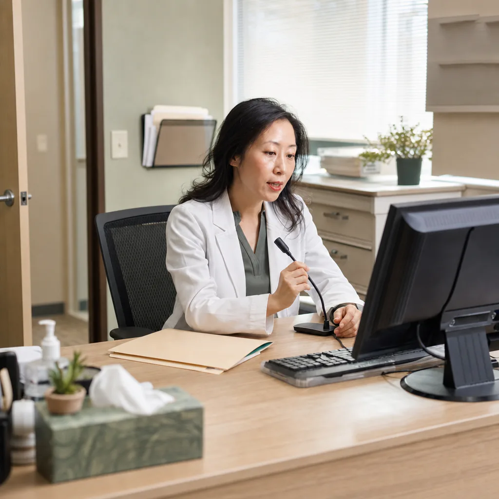 Doctor speaking into a desk microphone at a computer