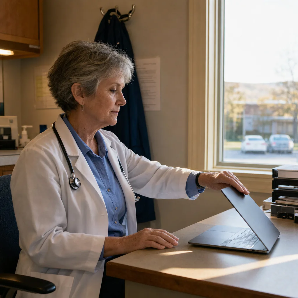 Doctor opening a laptop at a desk