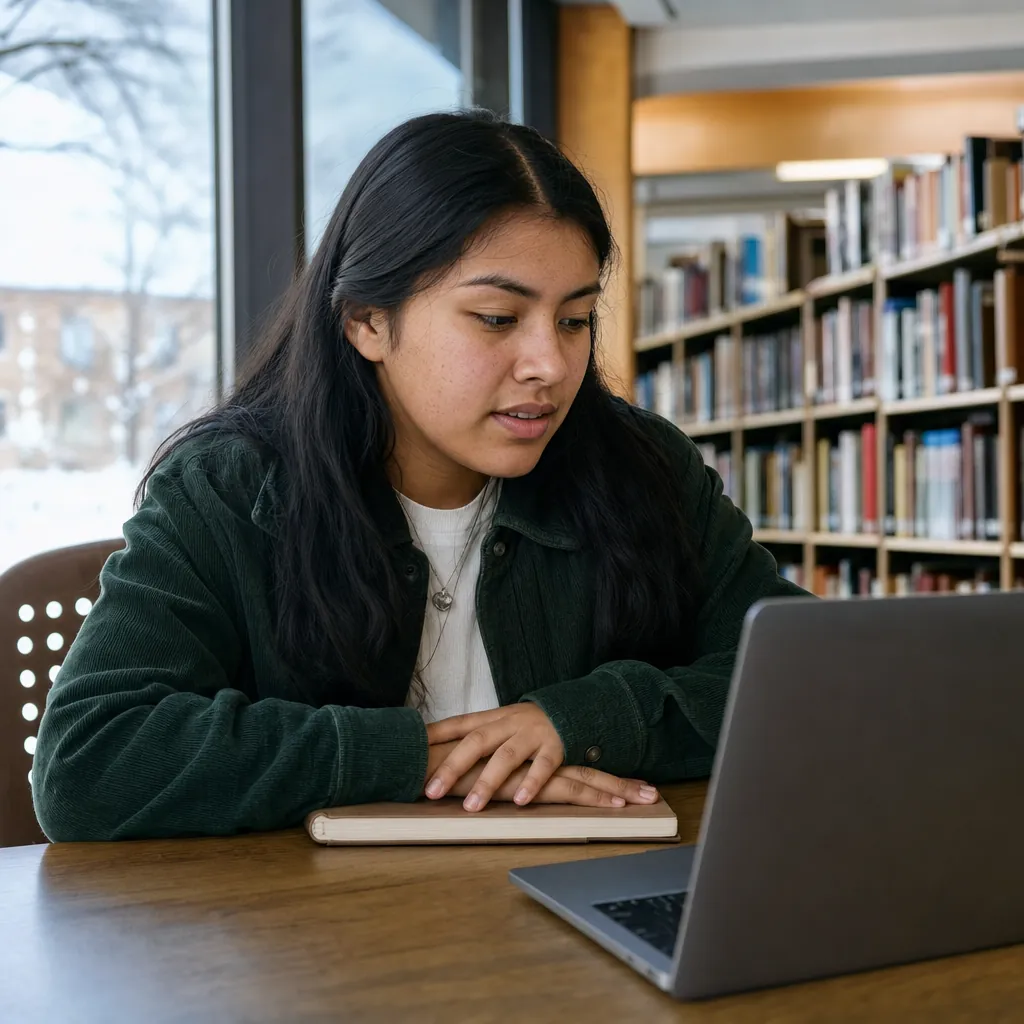 Student speaking at her laptop in a library, a closed book resting under her hands