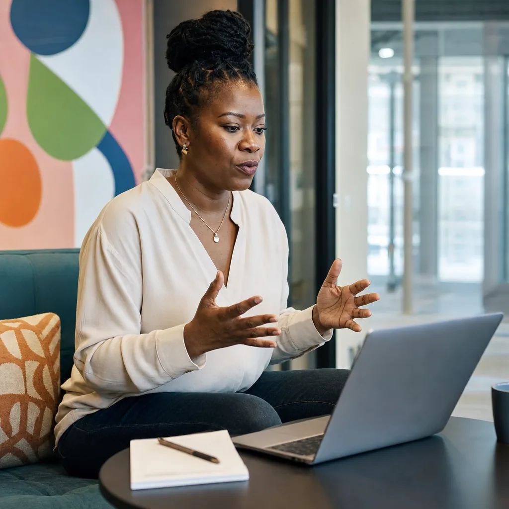Woman sitting on a couch in a bright office lounge, speaking at a laptop on a low table