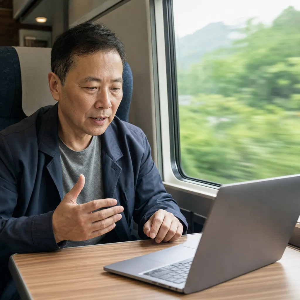 Man speaking at his laptop on a moving train, countryside blurring past the window