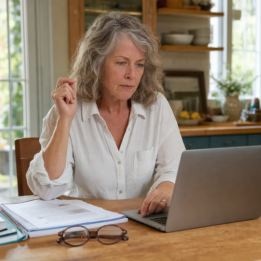 Woman at a kitchen table speaking while working at her laptop, printed pages and reading glasses beside her