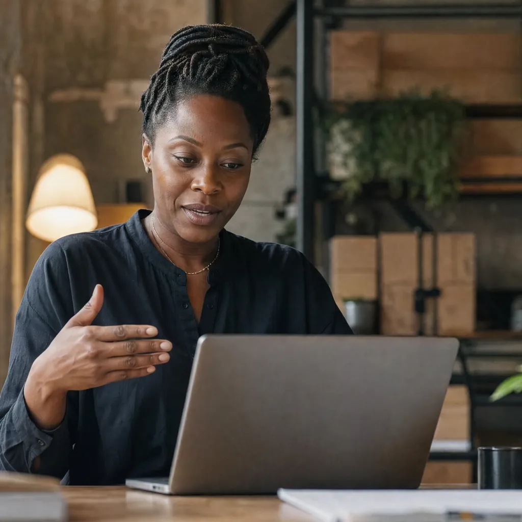 Woman with braided hair gesturing toward a laptop at a desk with books and plants behind her.