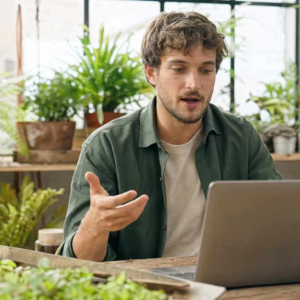 Man in a green shirt speaking toward a laptop at a table surrounded by plants.