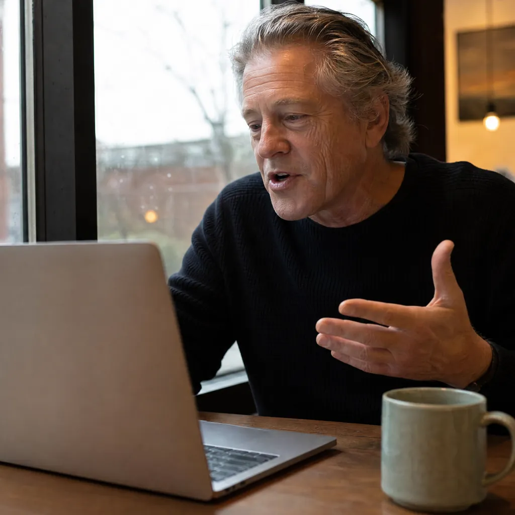 Man in a black sweater speaking and gesturing toward a laptop beside a window.