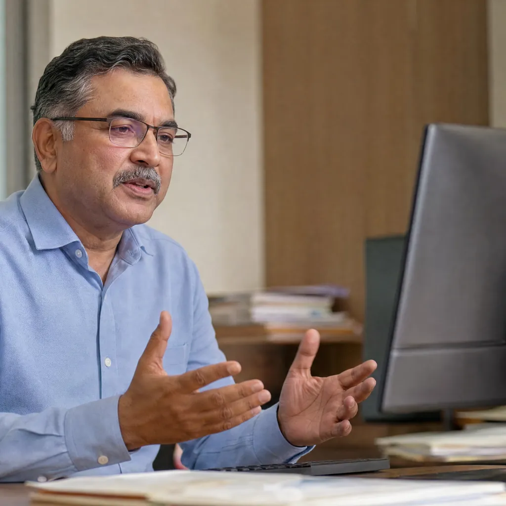 Man wearing glasses gesturing toward a desktop monitor at a desk with papers.