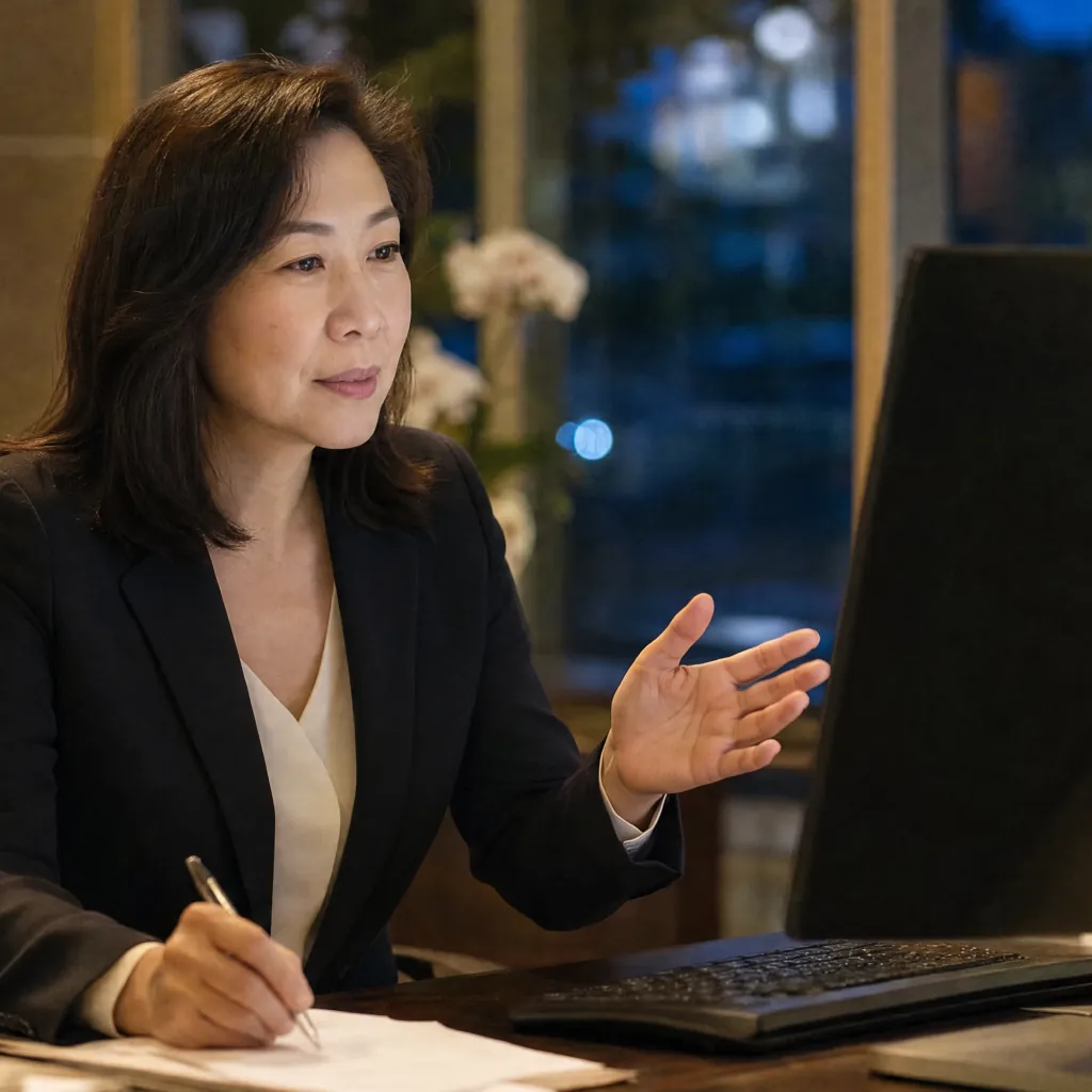 Woman holding a pen over papers and gesturing beside a desktop monitor in an evening office.