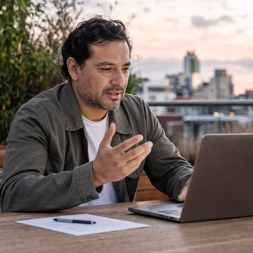 Man gesturing toward a laptop at an outdoor table overlooking city buildings.