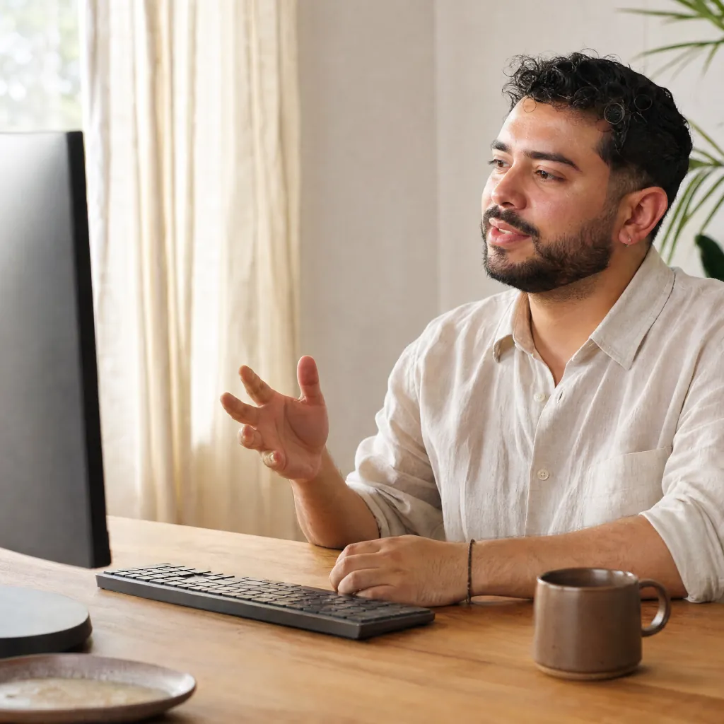 Man gesturing toward a desktop monitor at a wooden desk with a keyboard and mug.