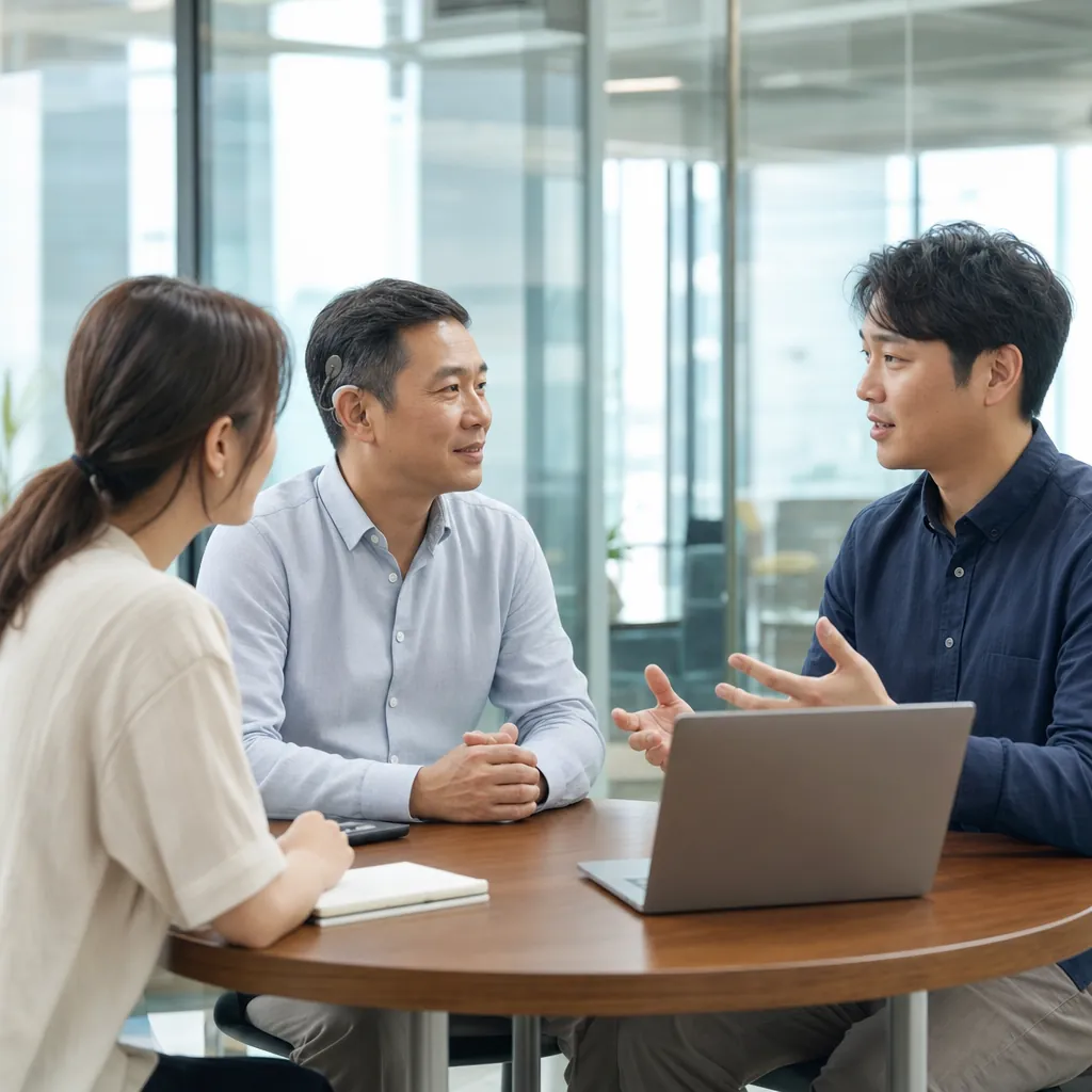 Three colleagues talking around a meeting table in a glass-walled office, an open laptop between them; one wears a hearing aid