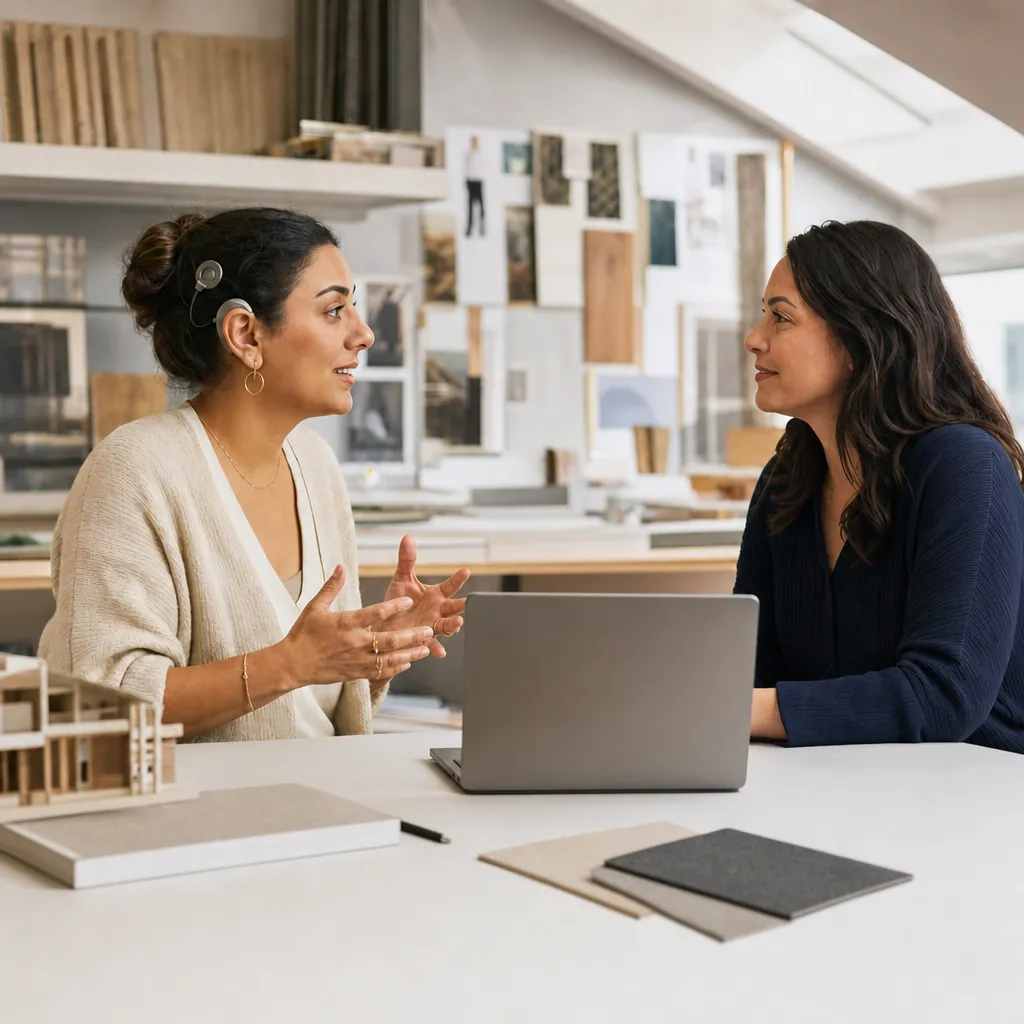 Two women in conversation across a bright studio table with an open laptop between them; one wears a cochlear implant