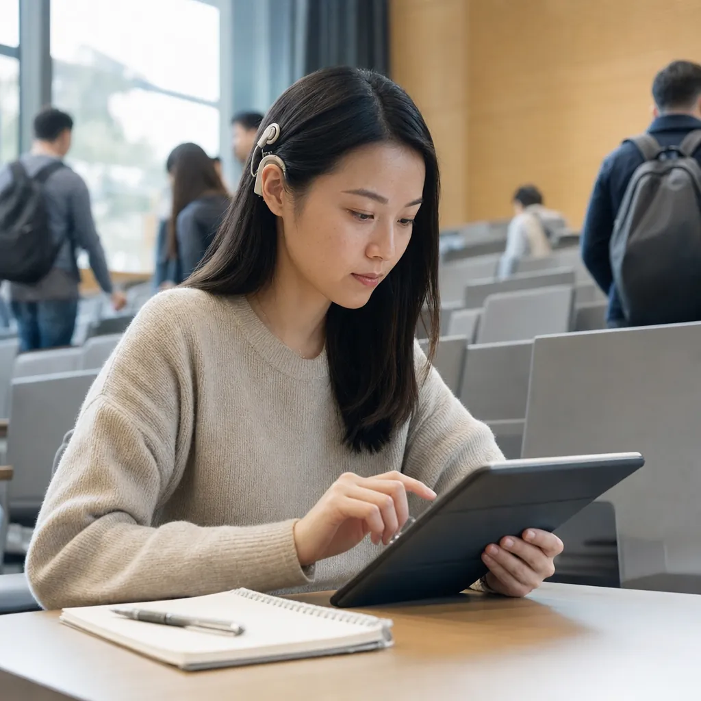 A woman wearing a cochlear implant reading on a tablet at a lecture-hall desk, an open notebook and pen beside her
