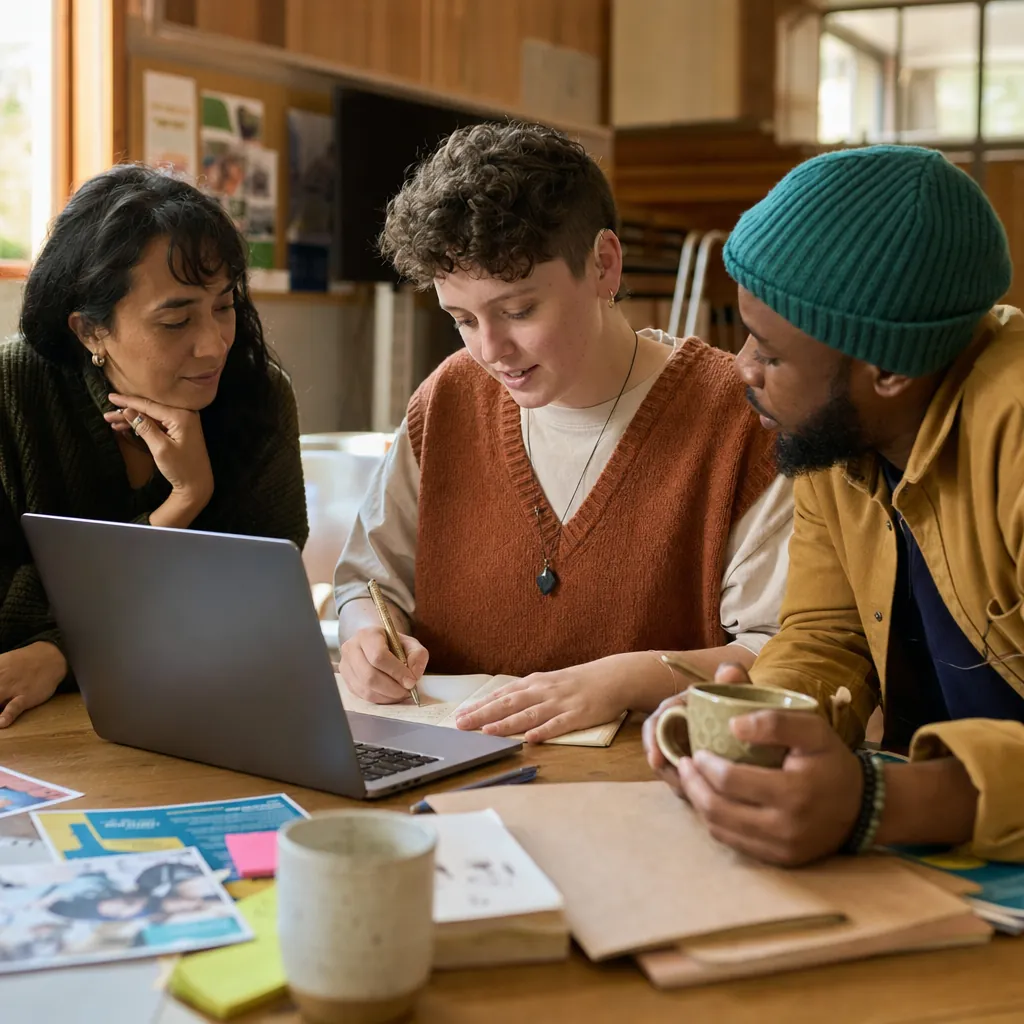 Three people leaning over a laptop at a wooden table in a community space, one writing in a notebook