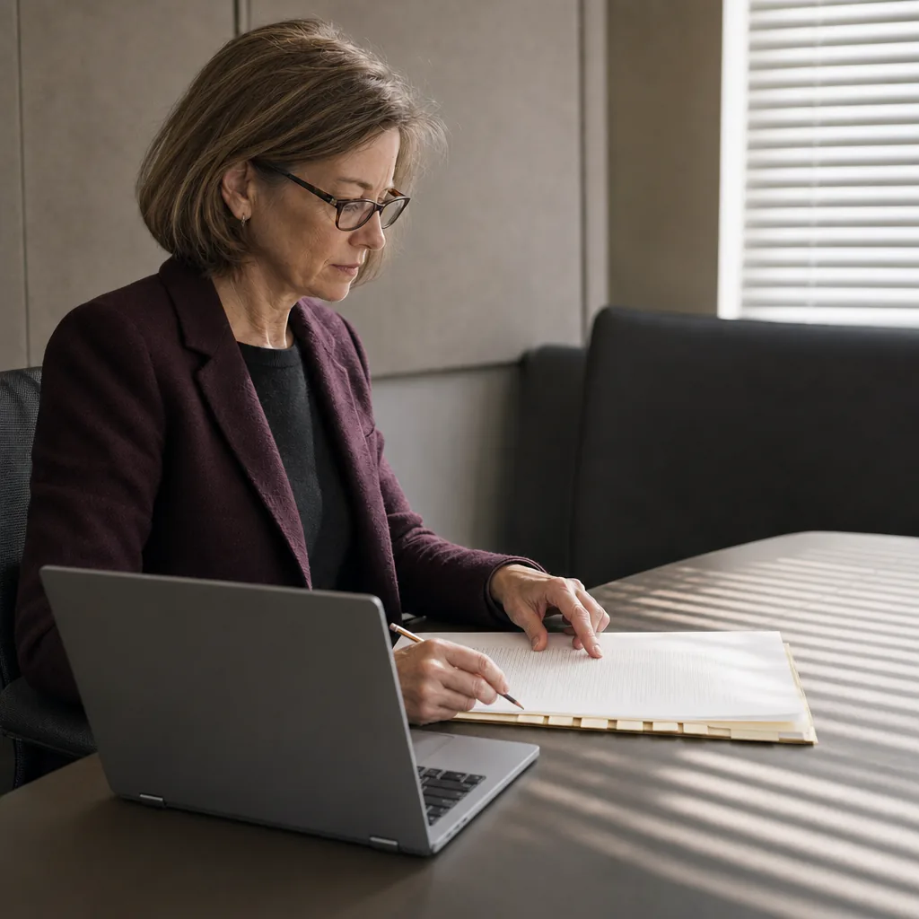 Professional reviewing a document beside a laptop