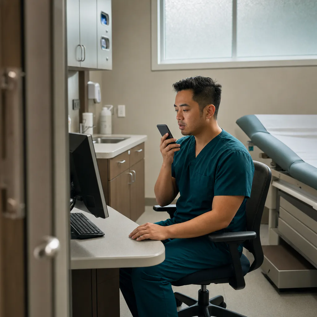Clinician dictating into a phone beside a clinical workstation