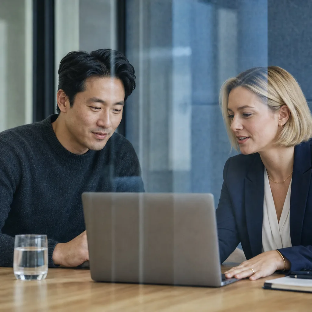 Two professionals reviewing a laptop in an office