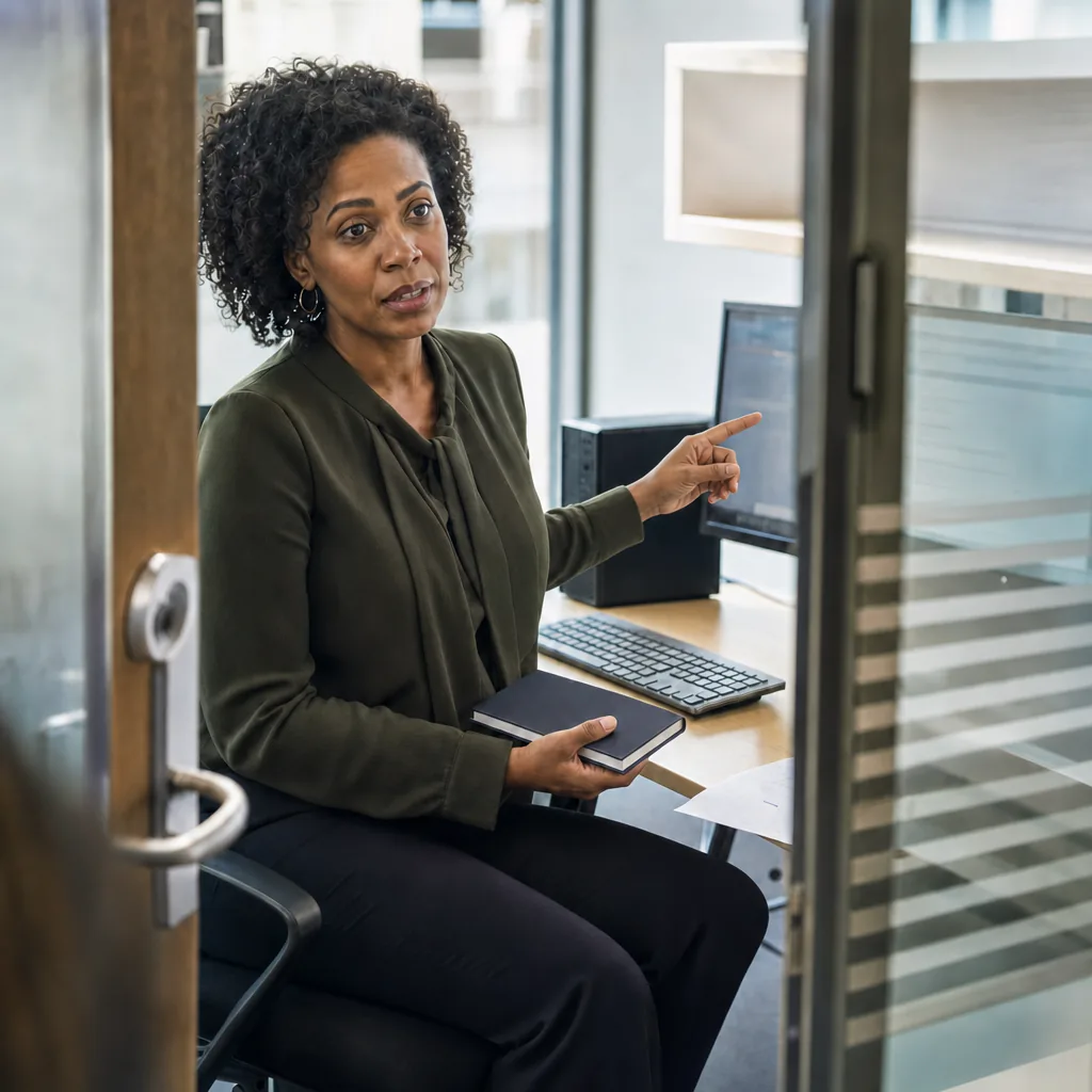 Professional holding a notebook and pointing toward a desktop computer