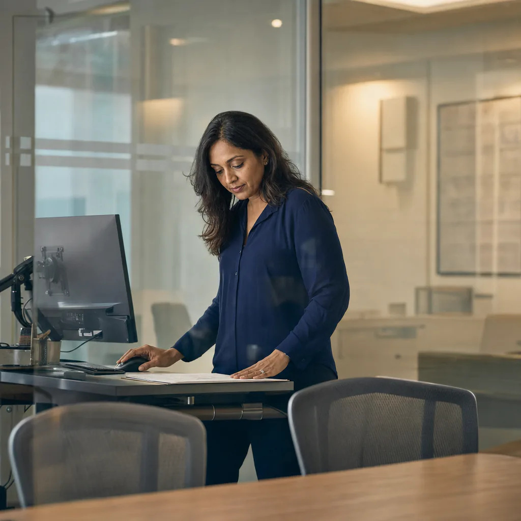 Professional reviewing paperwork at a standing desk