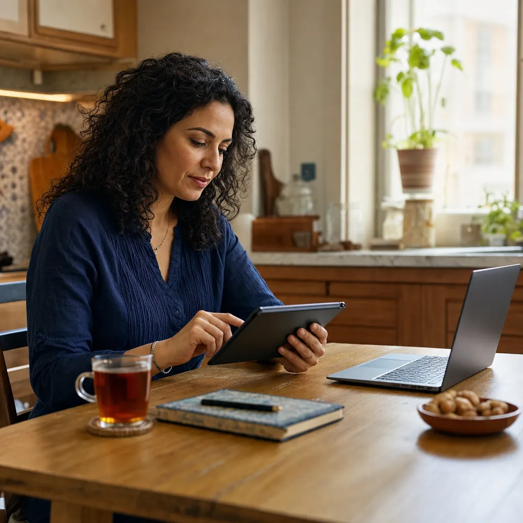 A woman tapping an iPad at a kitchen table with a laptop open beside her