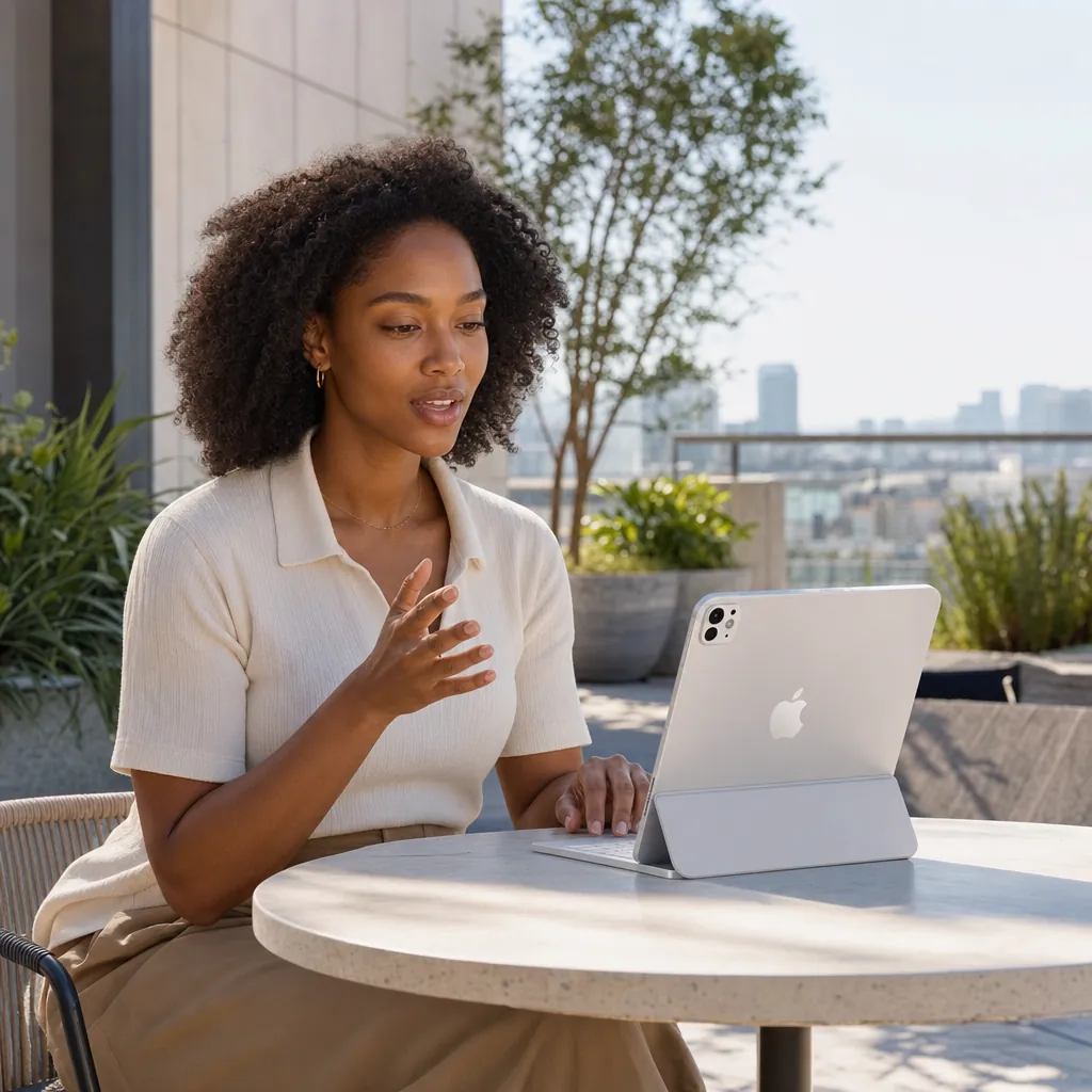 A woman speaking toward an iPad in a keyboard case on a sunny rooftop terrace