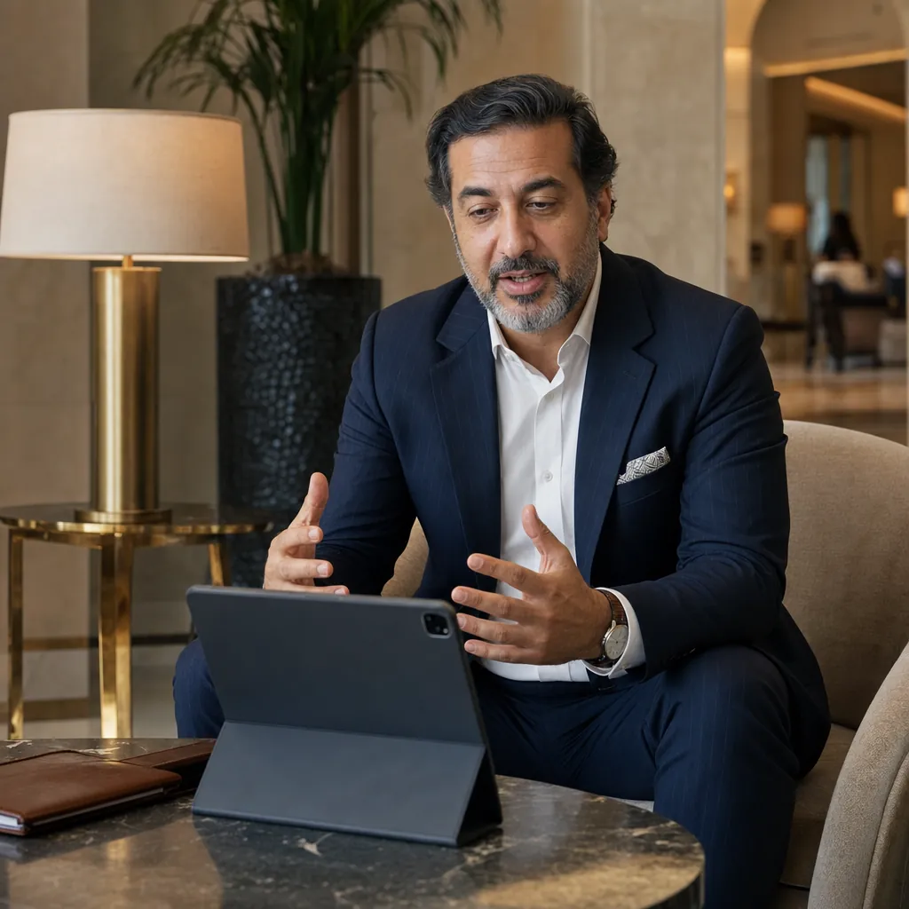 A man in a suit speaking to a propped-up iPad in a hotel lobby