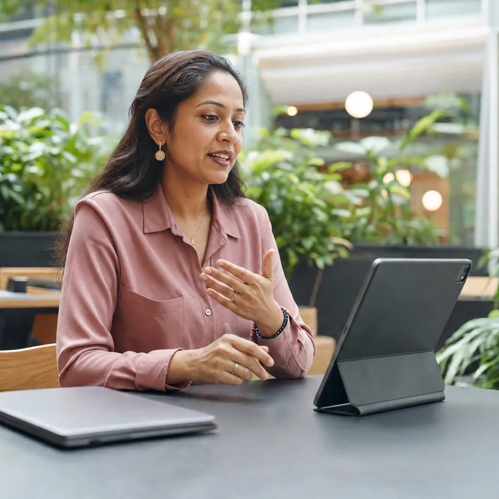 A woman speaking toward a propped-up iPad at an outdoor cafe table with a closed laptop beside her