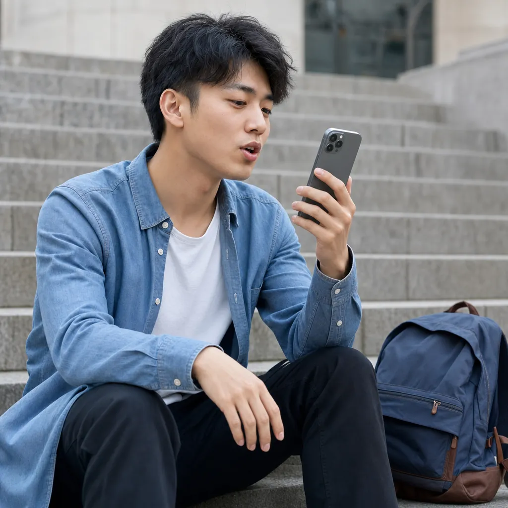 Man sitting on stone steps outside, speaking into his phone with a backpack beside him